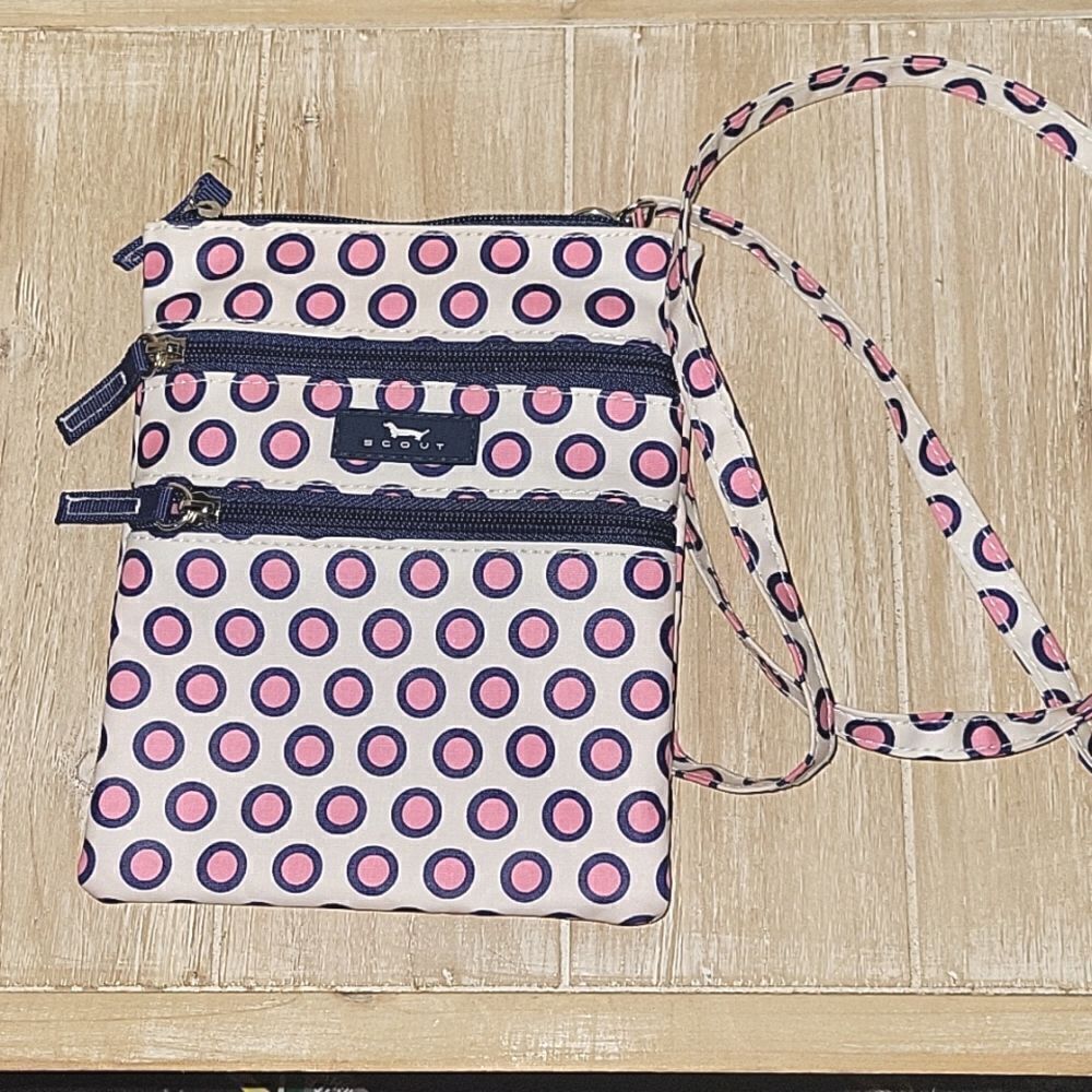 SCOUT Sally Go Lightly Blue White Pink Polka Dot Crossbody Purse Triple Zip